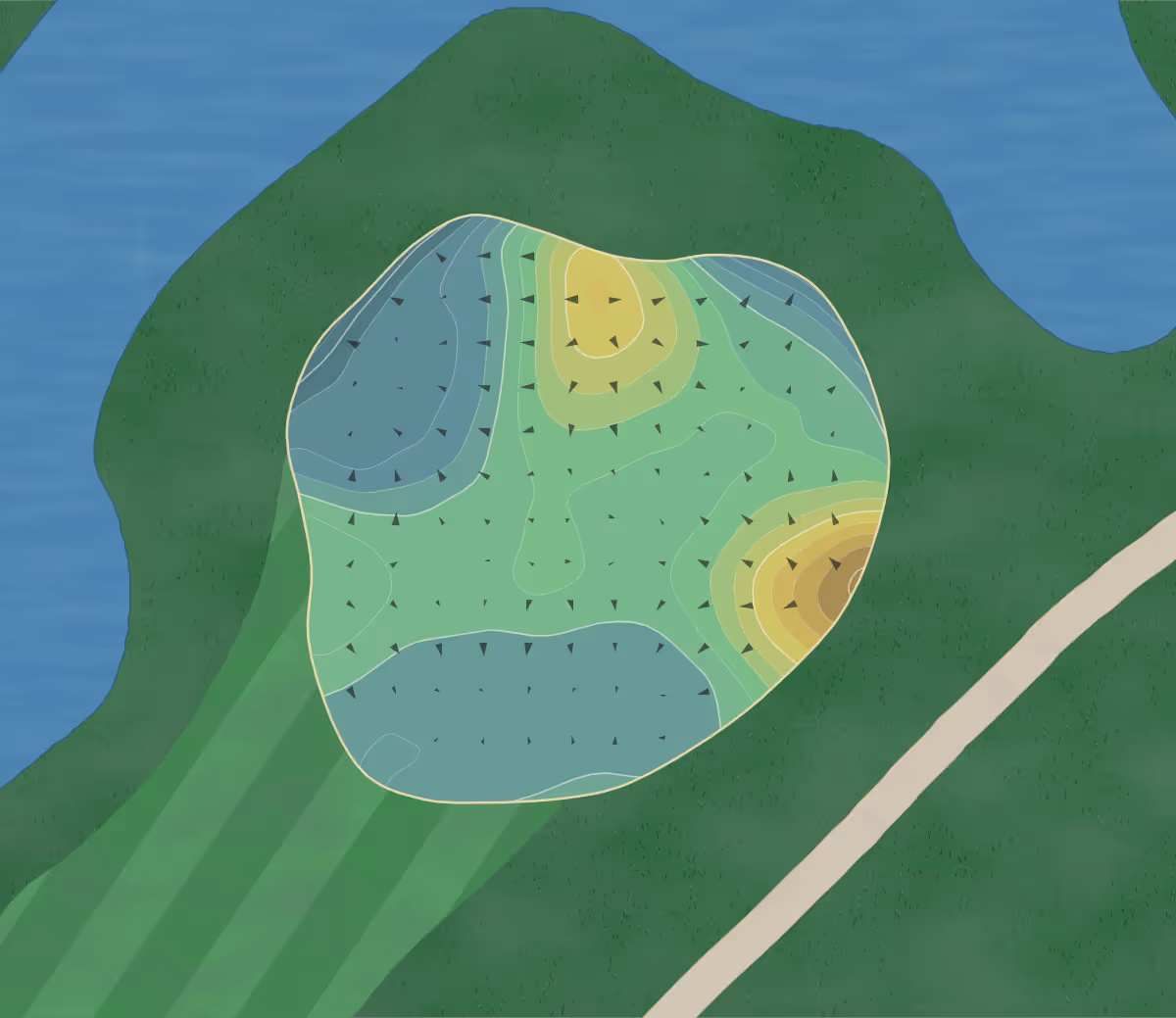 Green contour map of Huron Breeze in Au Gres, Michigan — 178 elevation contours at a 3-inch interval with fall-line arrows, traced from 1-meter lidar
