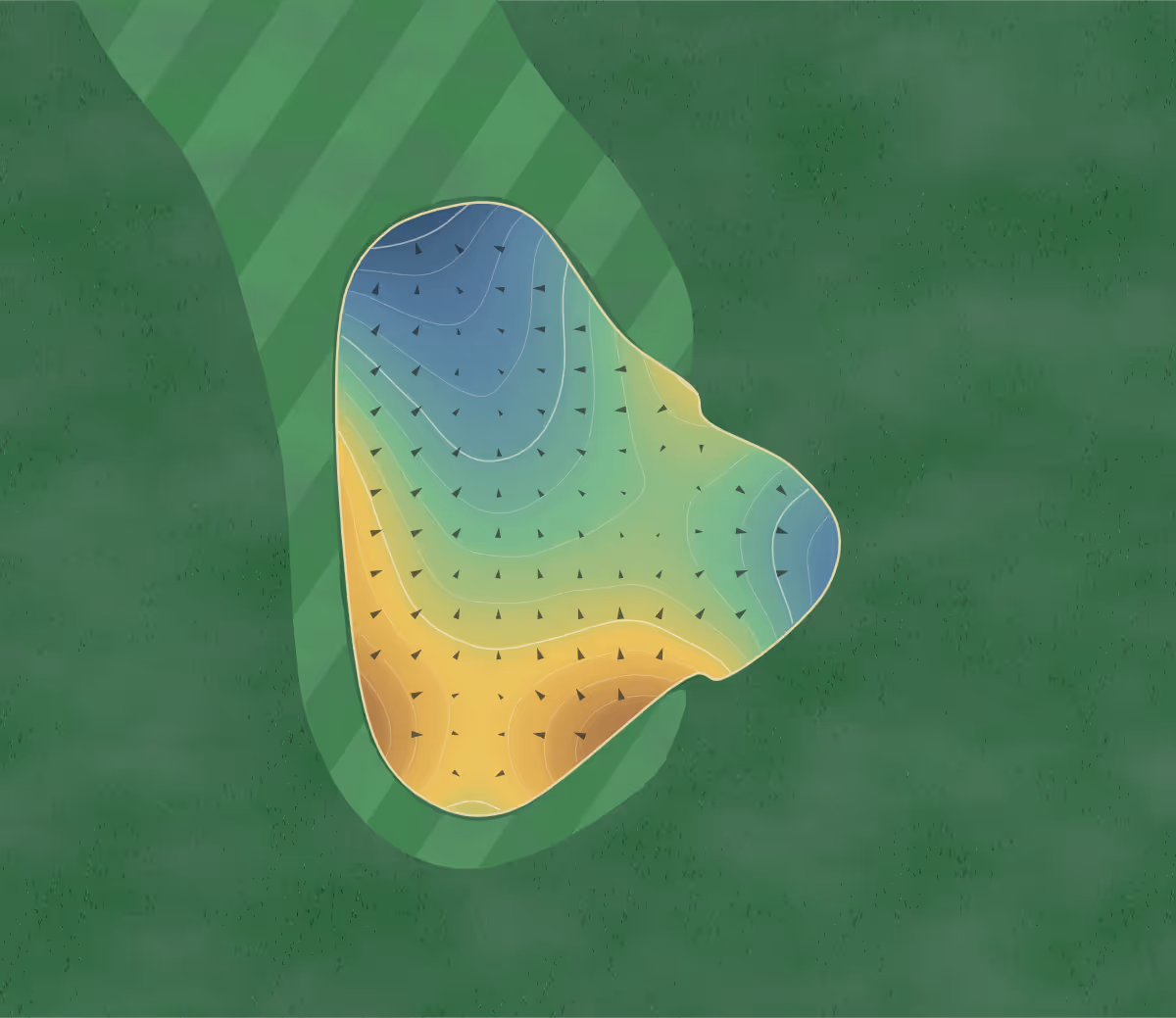 Green contour map of Huron CC in Huron, South Dakota: 117 elevation contours at a 3-inch interval with fall-line arrows, traced from 1-meter lidar