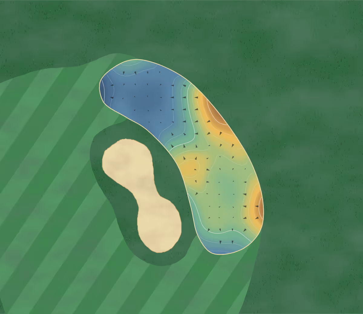 Green contour map of Huron Oaks in Brights Grove, Canada — 155 elevation contours at a 8-centimeter interval with fall-line arrows, traced from 1-meter lidar