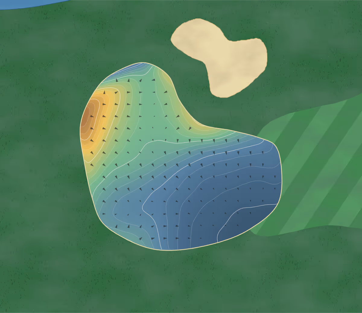 Green contour map of Huron Pines in Blind River, Canada — 256 elevation contours at a 8-centimeter interval with fall-line arrows, traced from 1-meter lidar