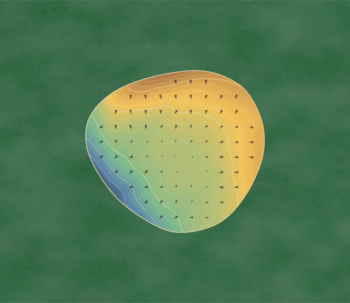 Green contour map of Hydeaway Golf in Windsor, Canada: 38 elevation contours at a 8-centimeter interval with fall-line arrows, traced from 1-meter lidar