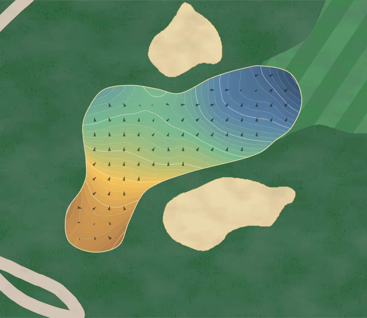 Green contour map of Hyland in Southern Pines, North Carolina — 262 elevation contours at a 3-inch interval with fall-line arrows, traced from 1-meter lidar