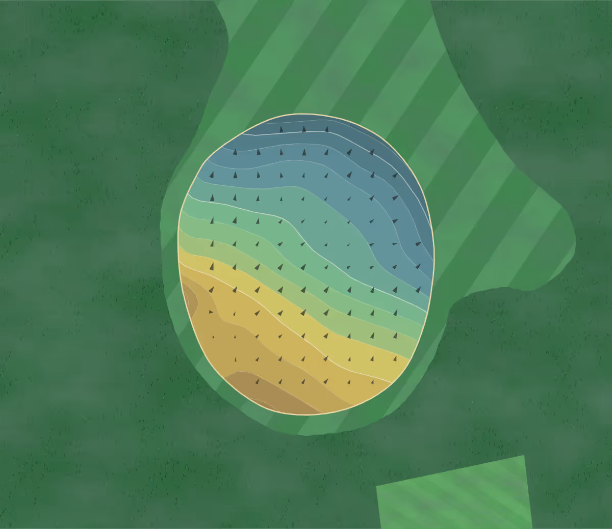 Green contour map of Hyland Greens in Bloomington, Minnesota — 53 elevation contours at a 3-inch interval with fall-line arrows, traced from 1-meter lidar