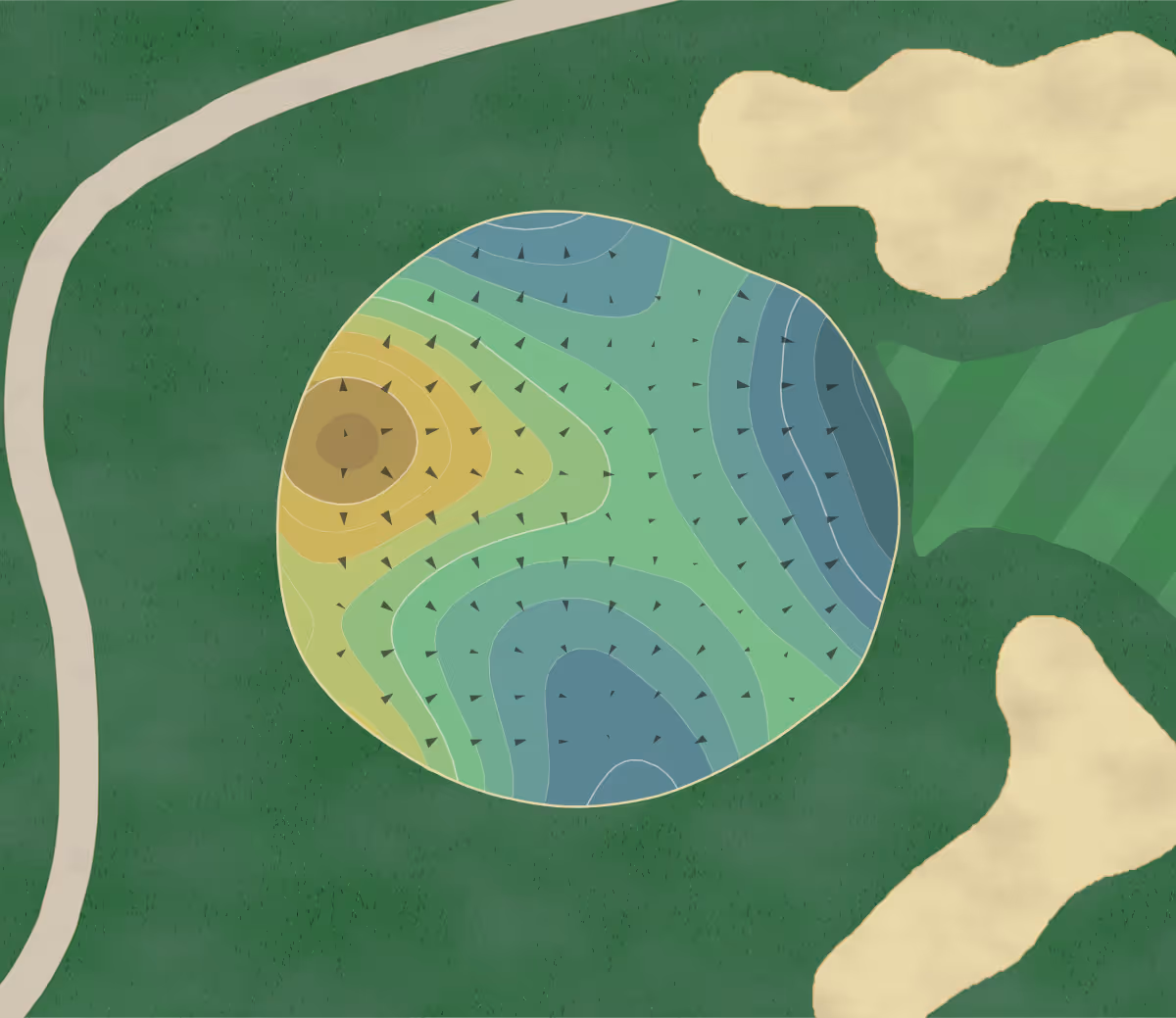 Green contour map of Idlewild in Flossmoor, Illinois — 184 elevation contours at a 3-inch interval with fall-line arrows, traced from 1-meter lidar