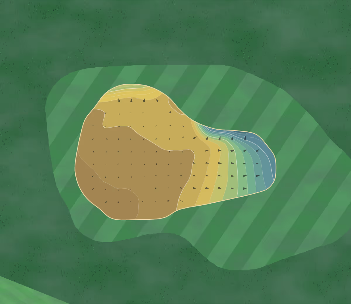 Green contour map of Ilkley GC in Ilkley, England — 183 elevation contours at a 8-centimeter interval with fall-line arrows, traced from 1-meter lidar