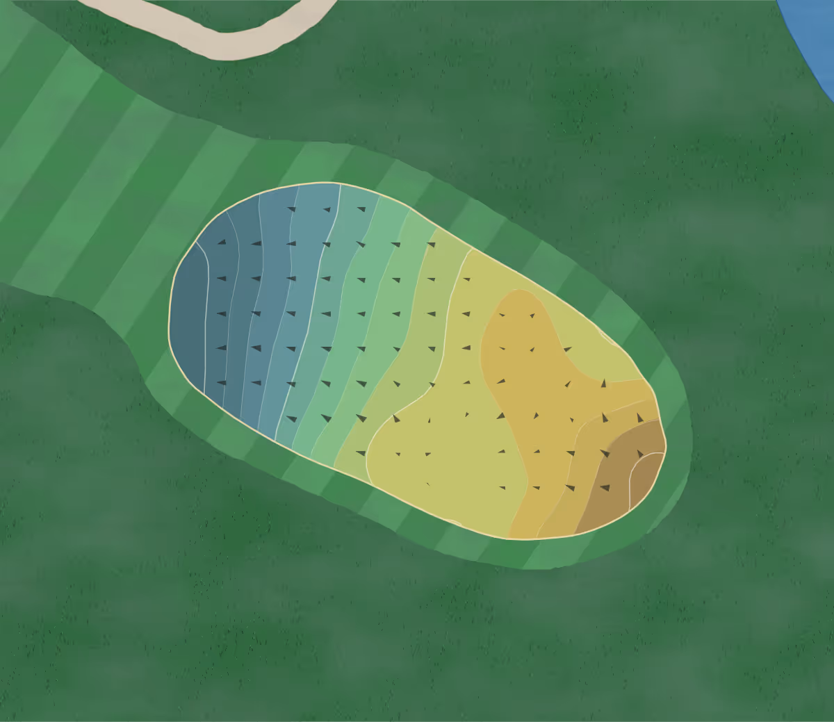 Green contour map of Brookwood in Burton, Michigan — 223 elevation contours at a 3-inch interval with fall-line arrows, traced from 1-meter lidar