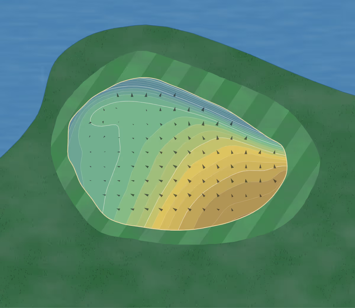 Green contour map of Indian Bluff in Illinois, United States — 253 elevation contours at a 3-inch interval with fall-line arrows, traced from 1-meter lidar