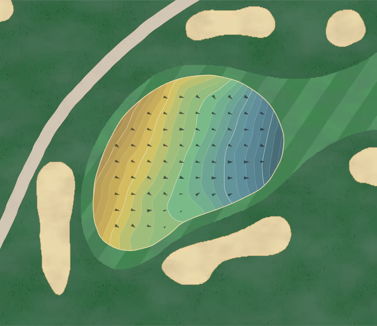 Green contour map of Indian Hill in Newington, Connecticut — 196 elevation contours at a 3-inch interval with fall-line arrows, traced from 1-meter lidar