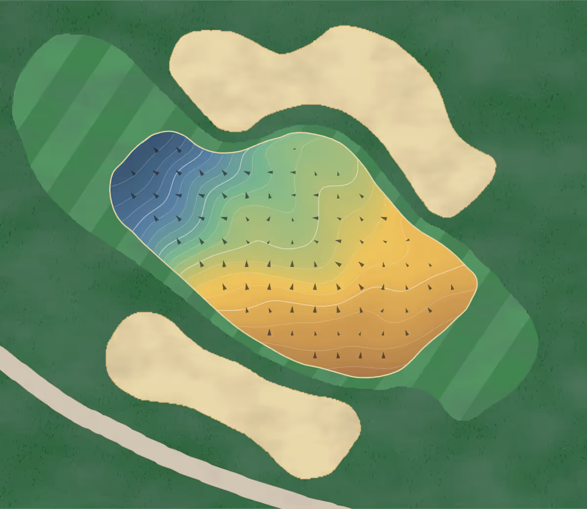 Green contour map of Indian Hill Club in Winnetka, Illinois — 209 elevation contours at a 3-inch interval with fall-line arrows, traced from 1-meter lidar