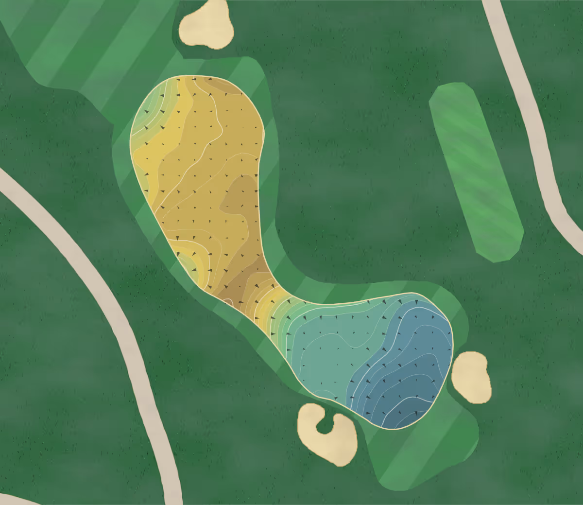 Green contour map of Indian Hills in Bowling Green, Kentucky — 176 elevation contours at a 3-inch interval with fall-line arrows, traced from 1-meter lidar