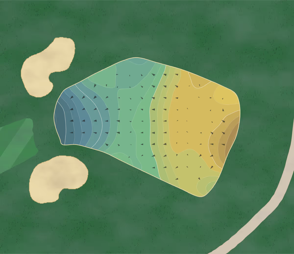 Green contour map of Indian Hills in Mission Hills, Kansas — 278 elevation contours at a 3-inch interval with fall-line arrows, traced from 1-meter lidar