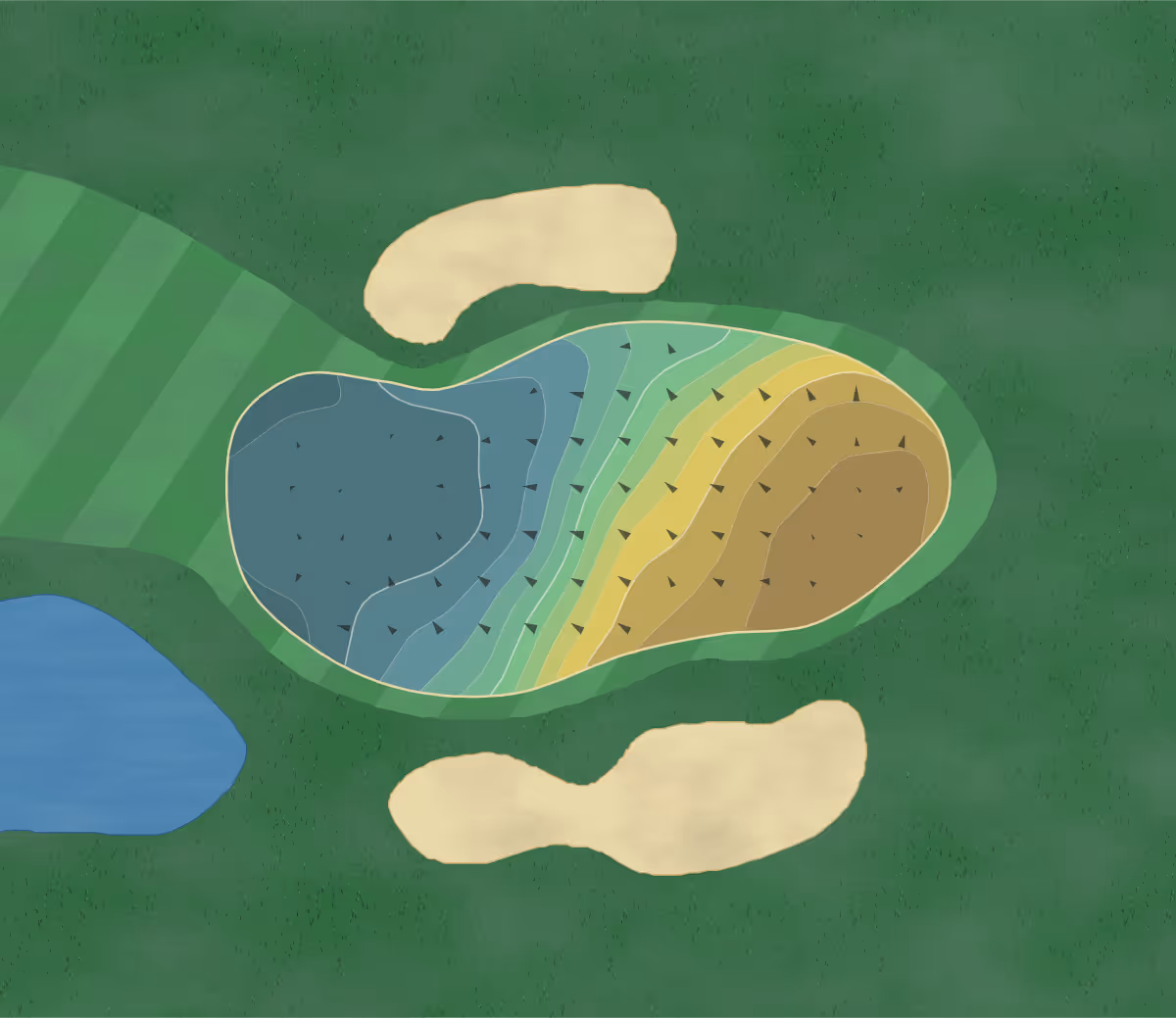 Green contour map of Indian Hills in Okemos, Michigan — 85 elevation contours at a 3-inch interval with fall-line arrows, traced from 1-meter lidar