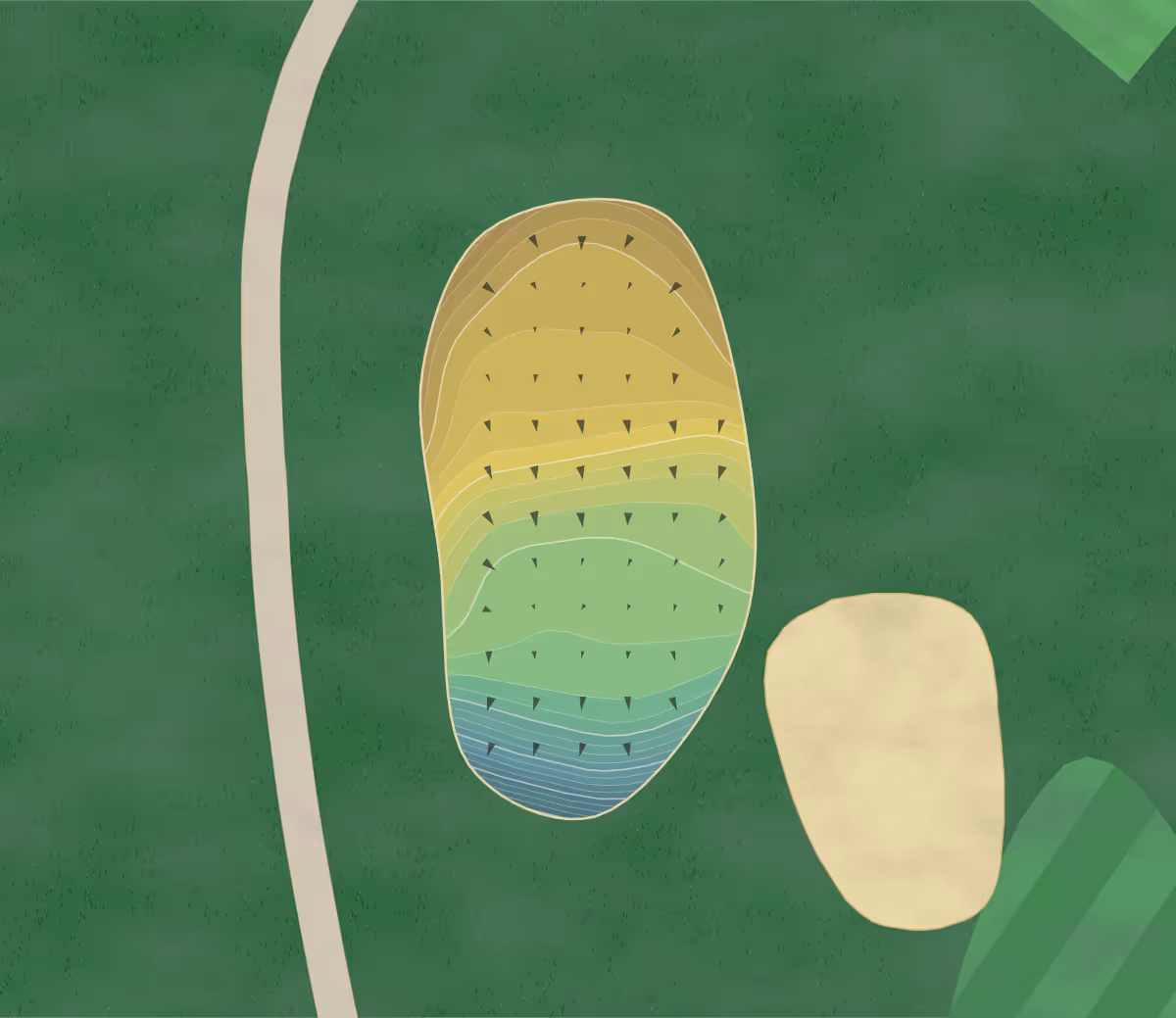 Green contour map of Indian Hills Golf Club in Riverside, California — 230 elevation contours at a 3-inch interval with fall-line arrows, traced from 1-meter lidar