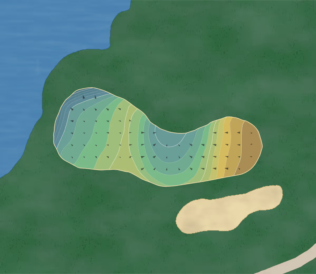 Green contour map of Indian Hills in Murfreesboro, Tennessee — 192 elevation contours at a 3-inch interval with fall-line arrows, traced from 1-meter lidar