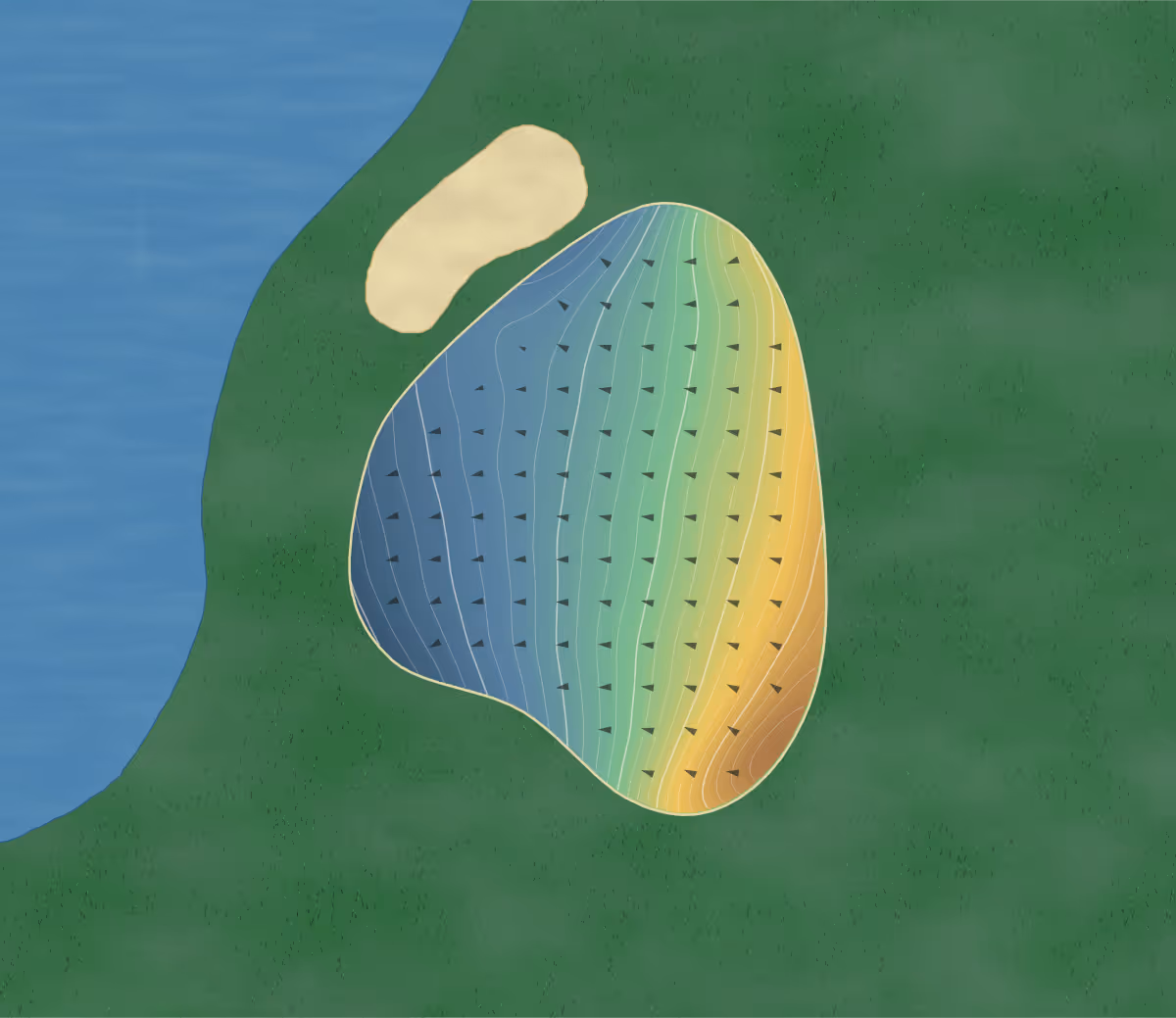 Green contour map of Indian Oaks in Shabbona, Illinois: 133 elevation contours at a 3-inch interval with fall-line arrows, traced from 1-meter lidar