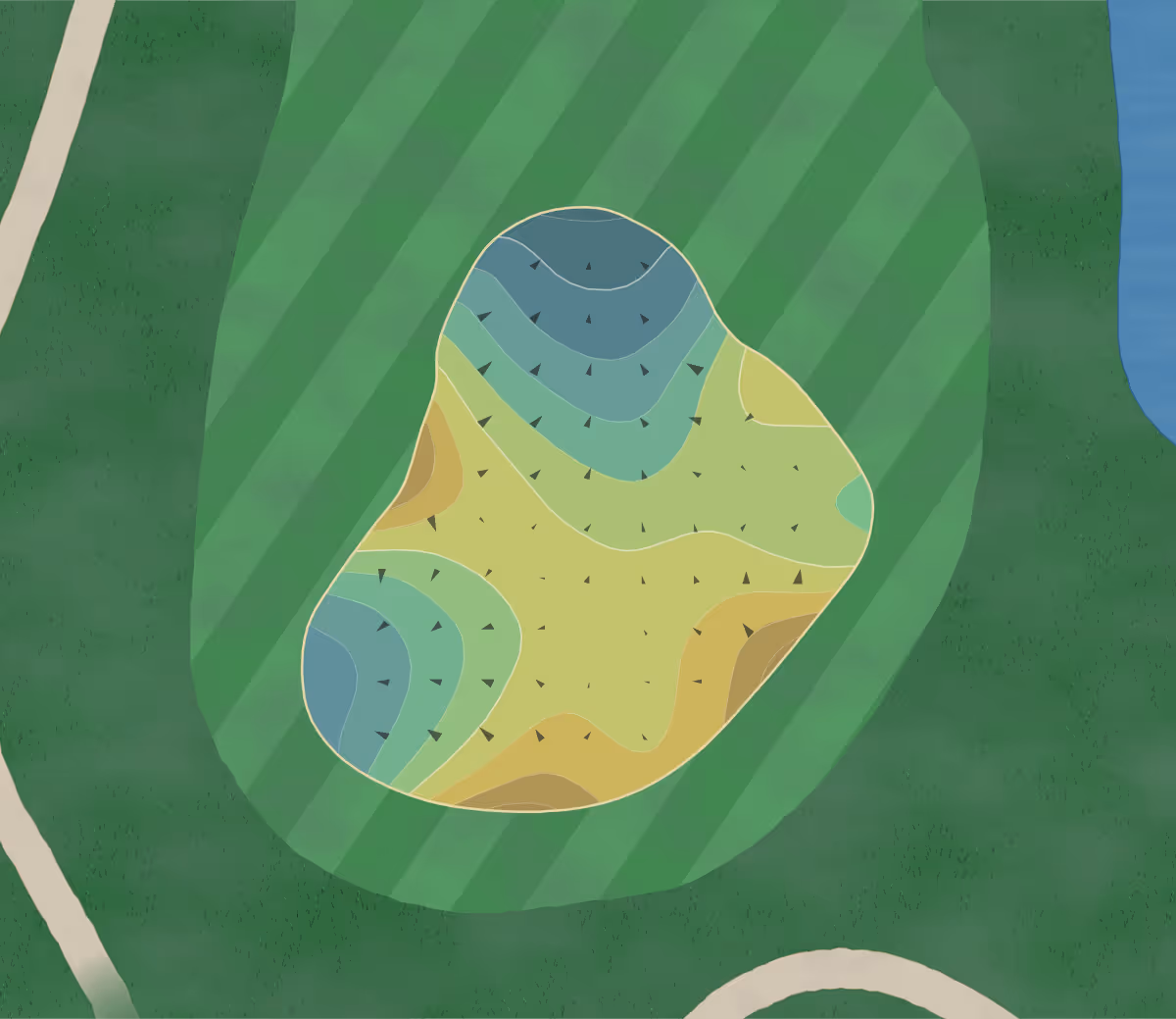 Green contour map of Indian Spring in Boynton Beach, Florida — 215 elevation contours at a 3-inch interval with fall-line arrows, traced from 1-meter lidar