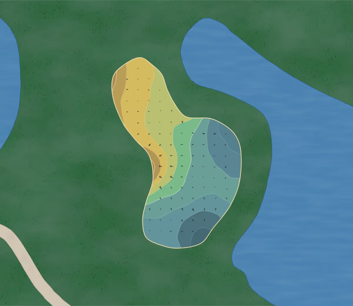 Green contour map of Indian Summer in Olympia, Washington — 136 elevation contours at a 3-inch interval with fall-line arrows, traced from 1-meter lidar