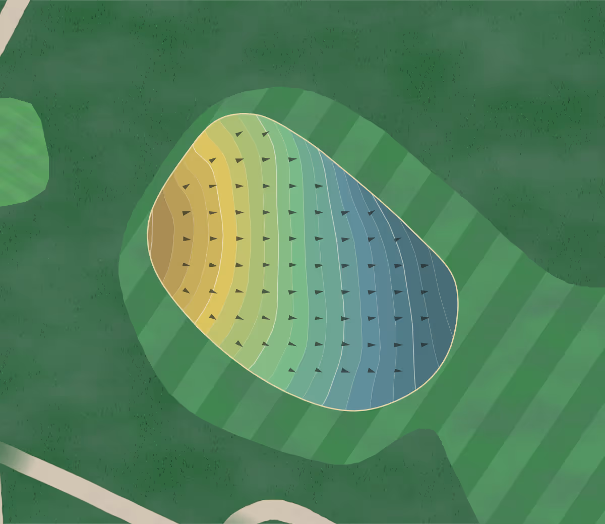 Green contour map of Indian Trace in Chatsworth, Georgia — 167 elevation contours at a 3-inch interval with fall-line arrows, traced from 1-meter lidar