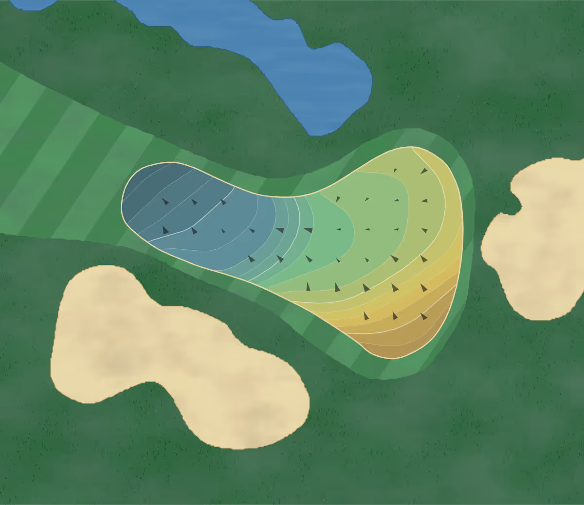 Green contour map of Indian Wells CC in Indian Wells, California — 215 elevation contours at a 3-inch interval with fall-line arrows, traced from 1-meter lidar