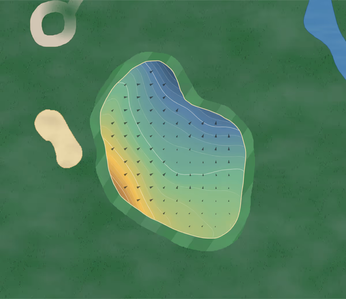 Green contour map of Indianola GC in Indianola, Iowa: 189 elevation contours at a 3-inch interval with fall-line arrows, traced from 1-meter lidar