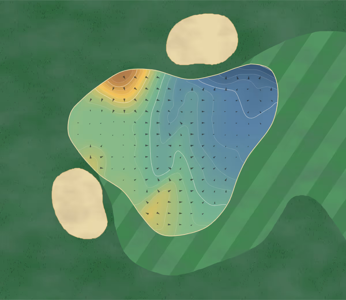 Green contour map of Ingrebourne in Rainham, England: 112 elevation contours at a 8-centimeter interval with fall-line arrows, traced from 1-meter lidar