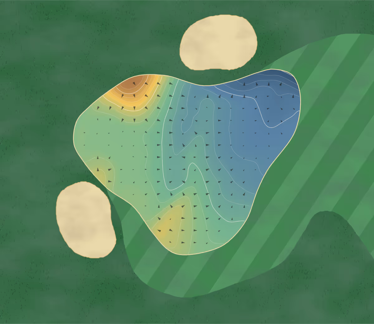 Green contour map of Ingrebourne Links in Rainham, England — 112 elevation contours at a 8-centimeter interval with fall-line arrows, traced from 1-meter lidar