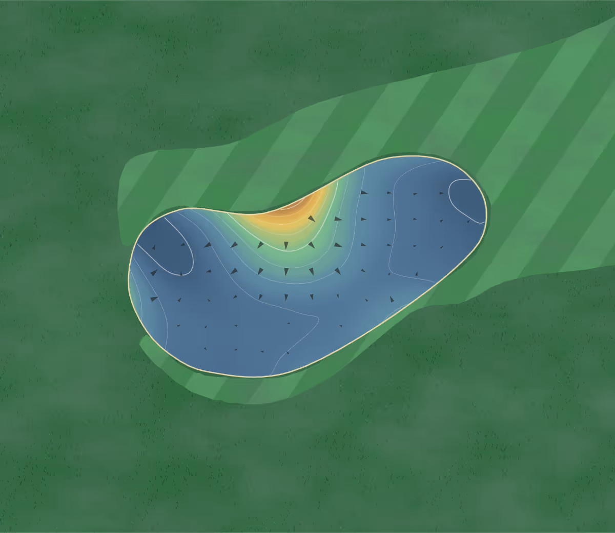 Green contour map of Innisfill Creek in Cookstown, Canada: 51 elevation contours at a 8-centimeter interval with fall-line arrows, traced from 1-meter lidar