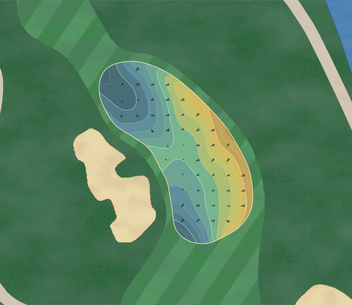 Green contour map of Interlachen CC in Winter Park, Florida — 190 elevation contours at a 3-inch interval with fall-line arrows, traced from 1-meter lidar