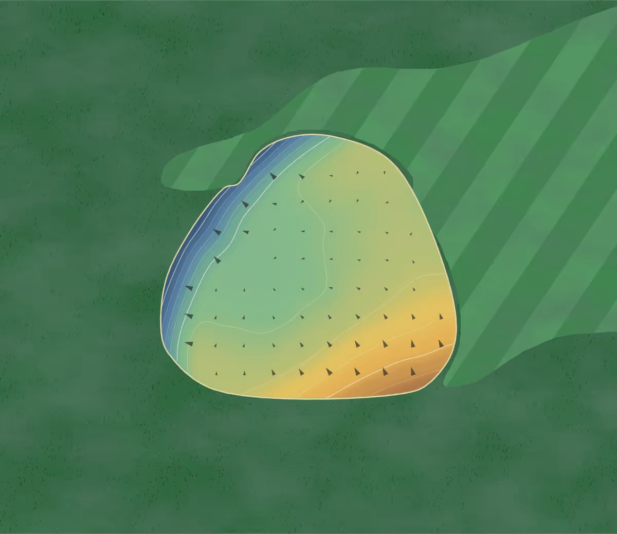 Green contour map of Inverary in Perth, Canada: 47 elevation contours at a 8-centimeter interval with fall-line arrows, traced from 1-meter lidar