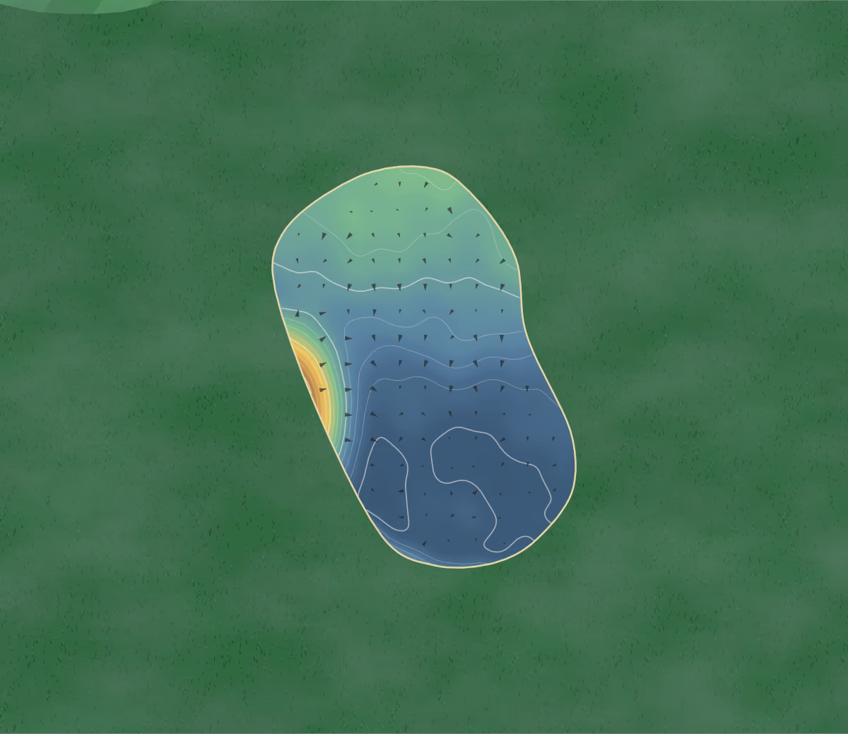 Green contour map of Invergordon in Invergordon, Scotland: 111 elevation contours at a 8-centimeter interval with fall-line arrows, traced from 1-meter lidar