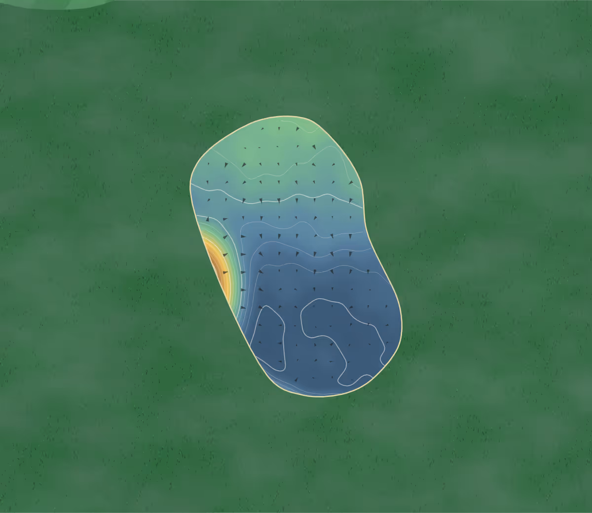 Green contour map of Invergordon in Invergordon, Scotland — 71 elevation contours at a 8-centimeter interval with fall-line arrows, traced from 1-meter lidar