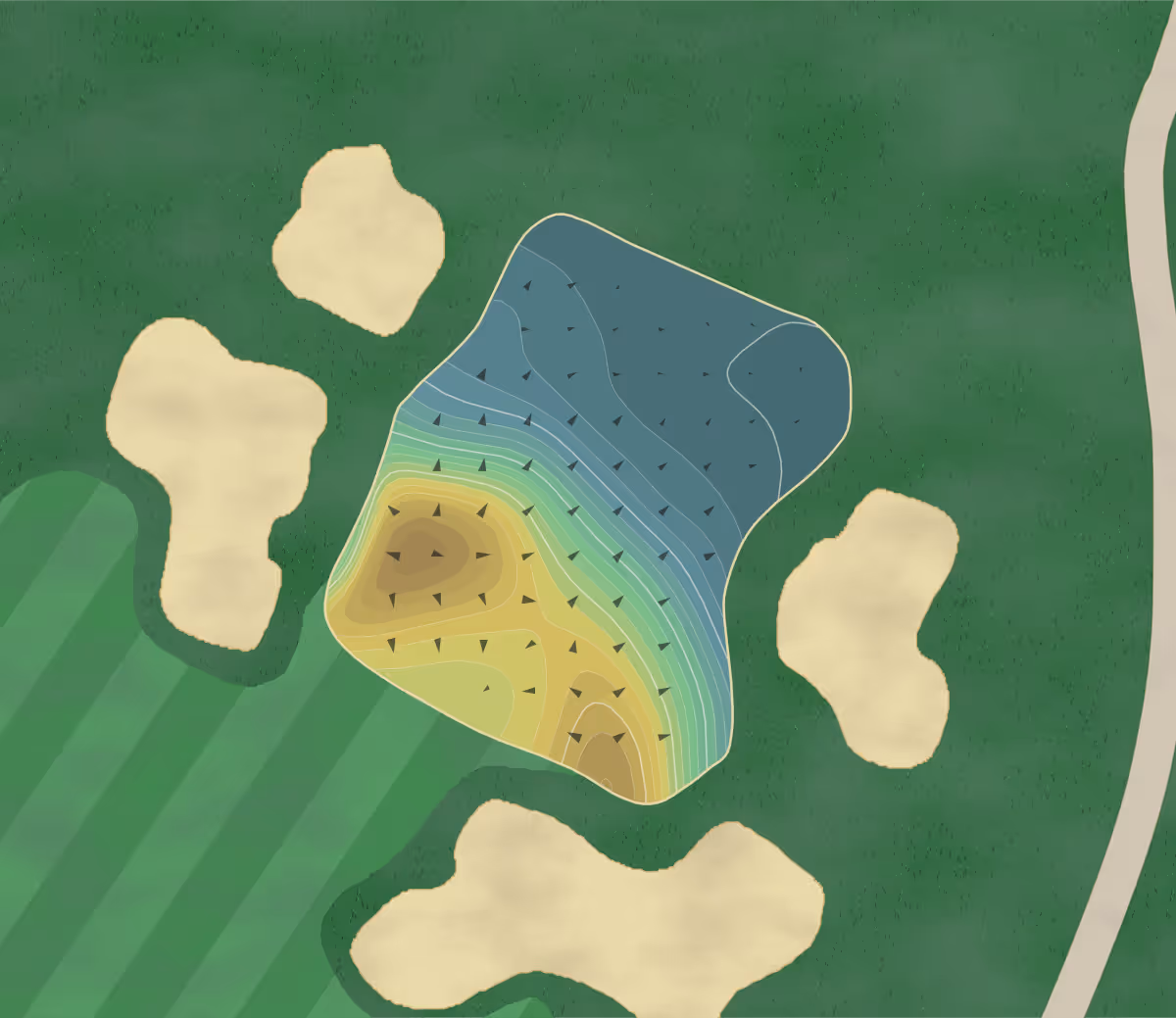 Green contour map of Inverness Club in Toledo, Ohio — 244 elevation contours at a 3-inch interval with fall-line arrows, traced from 1-meter lidar