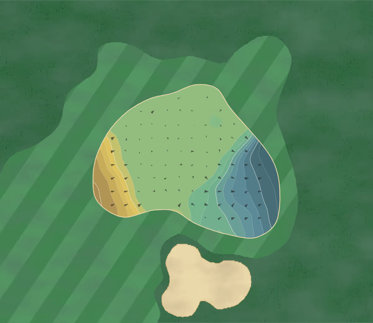 Green contour map of Inverurie in Inverurie, Scotland — 183 elevation contours at a 8-centimeter interval with fall-line arrows, traced from 1-meter lidar