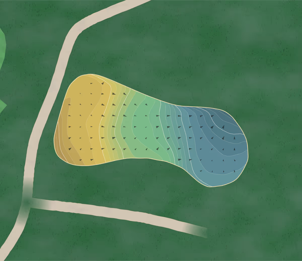 Green contour map of Ipswich CC in Ipswich, Massachusetts — 291 elevation contours at a 3-inch interval with fall-line arrows, traced from 1-meter lidar