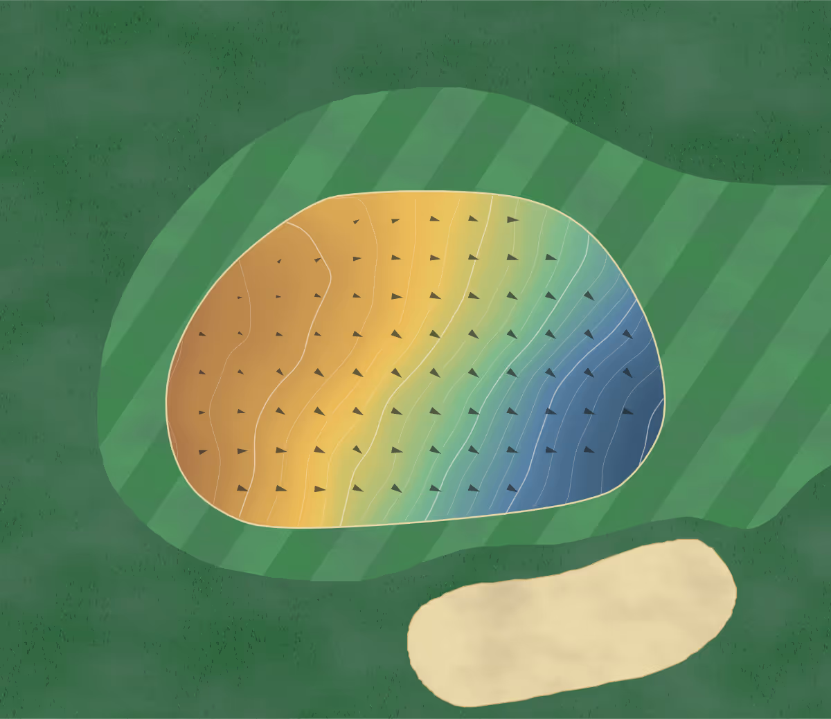 Green contour map of Irene Golf & CC in Memphis, Tennessee: 185 elevation contours at a 3-inch interval with fall-line arrows, traced from 1-meter lidar