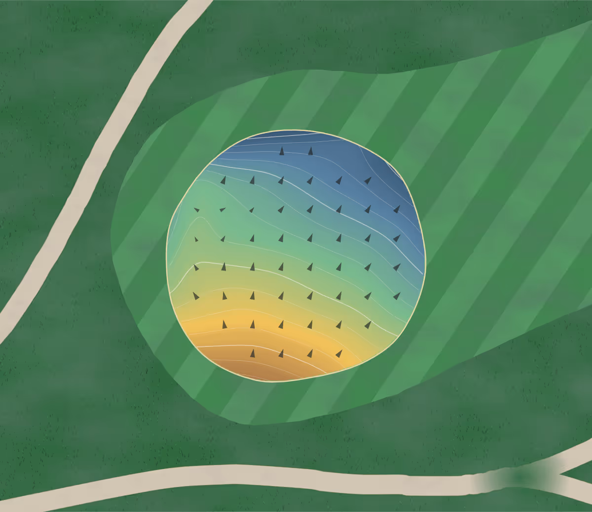 Green contour map of Irish Hills in Mount Vernon, Ohio: 194 elevation contours at a 3-inch interval with fall-line arrows, traced from 1-meter lidar