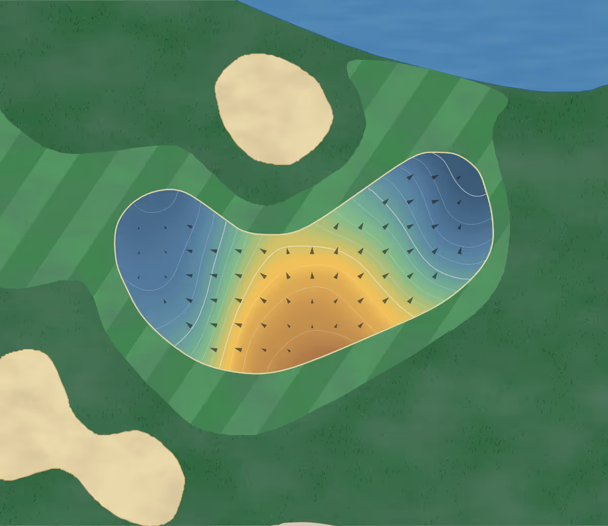 Green contour map of Ironhorse Gc in Tuscola, Illinois — 190 elevation contours at a 3-inch interval with fall-line arrows, traced from 1-meter lidar