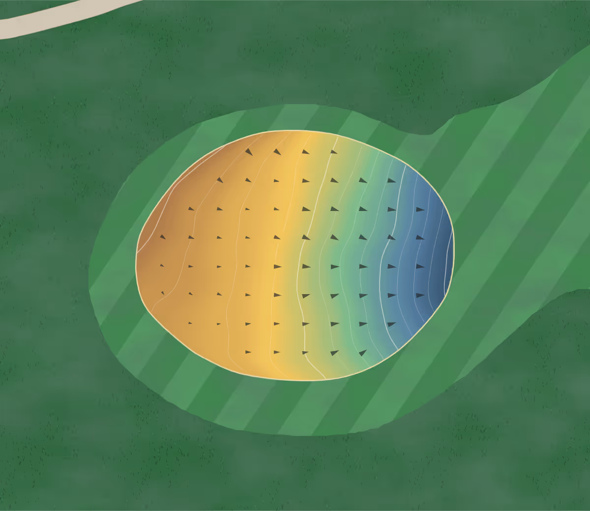 Green contour map of Ironwood Golf Club in Wauseon, Ohio — 102 elevation contours at a 3-inch interval with fall-line arrows, traced from 1-meter lidar