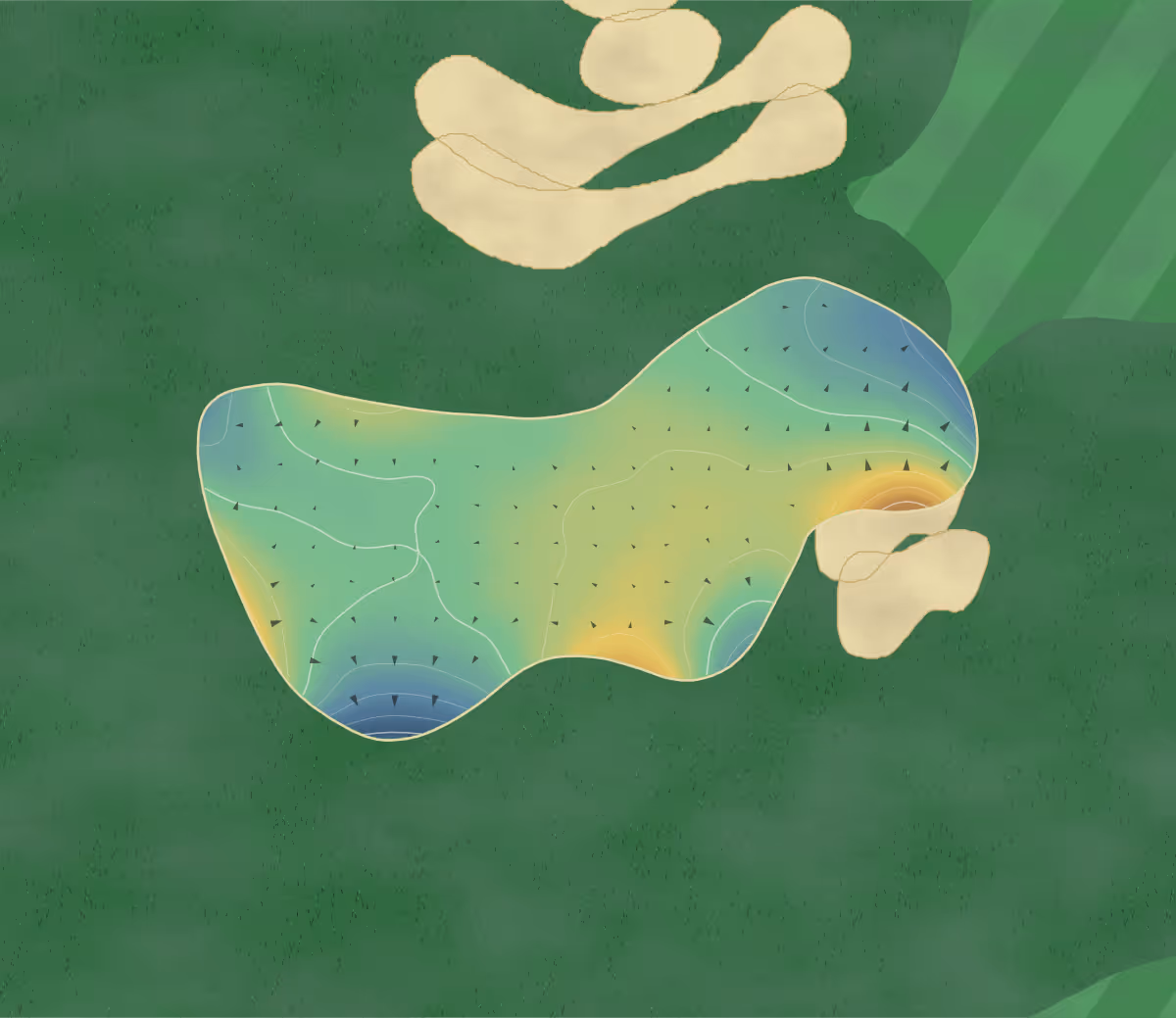 Green contour map of Ironwood in Goderich, Canada: 112 elevation contours at a 8-centimeter interval with fall-line arrows, traced from 1-meter lidar