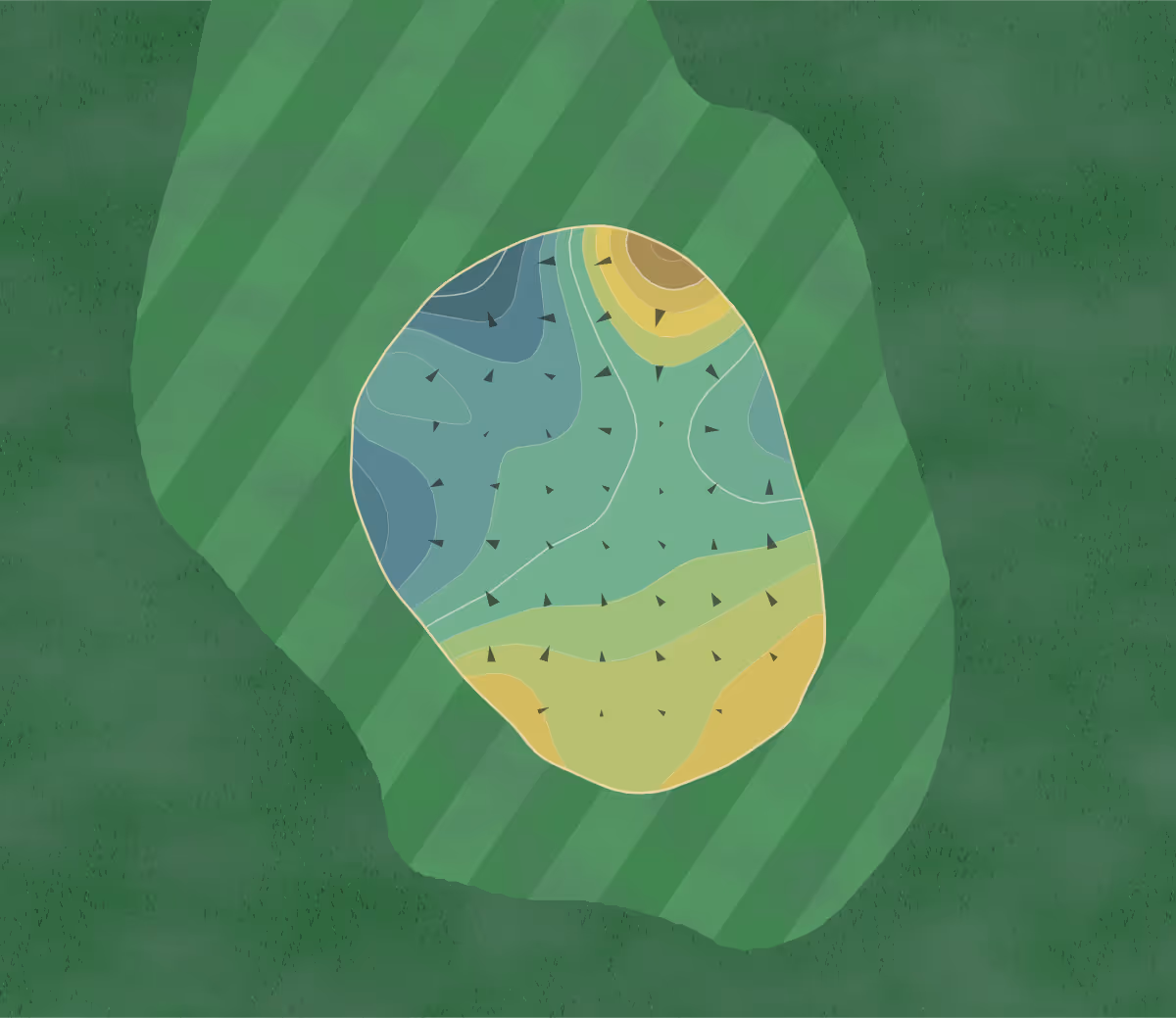 Green contour map of Ironwood Golf in Gainesville, Florida — 162 elevation contours at a 3-inch interval with fall-line arrows, traced from 1-meter lidar