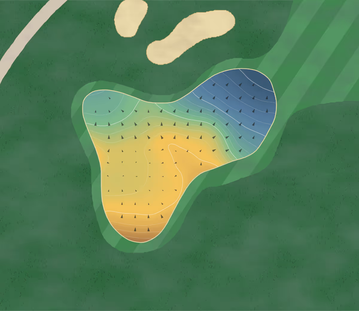 Green contour map of Ironwood Pitch in Conception Bay South, Canada: 26 elevation contours at a 8-centimeter interval with fall-line arrows, traced from 1-meter lidar