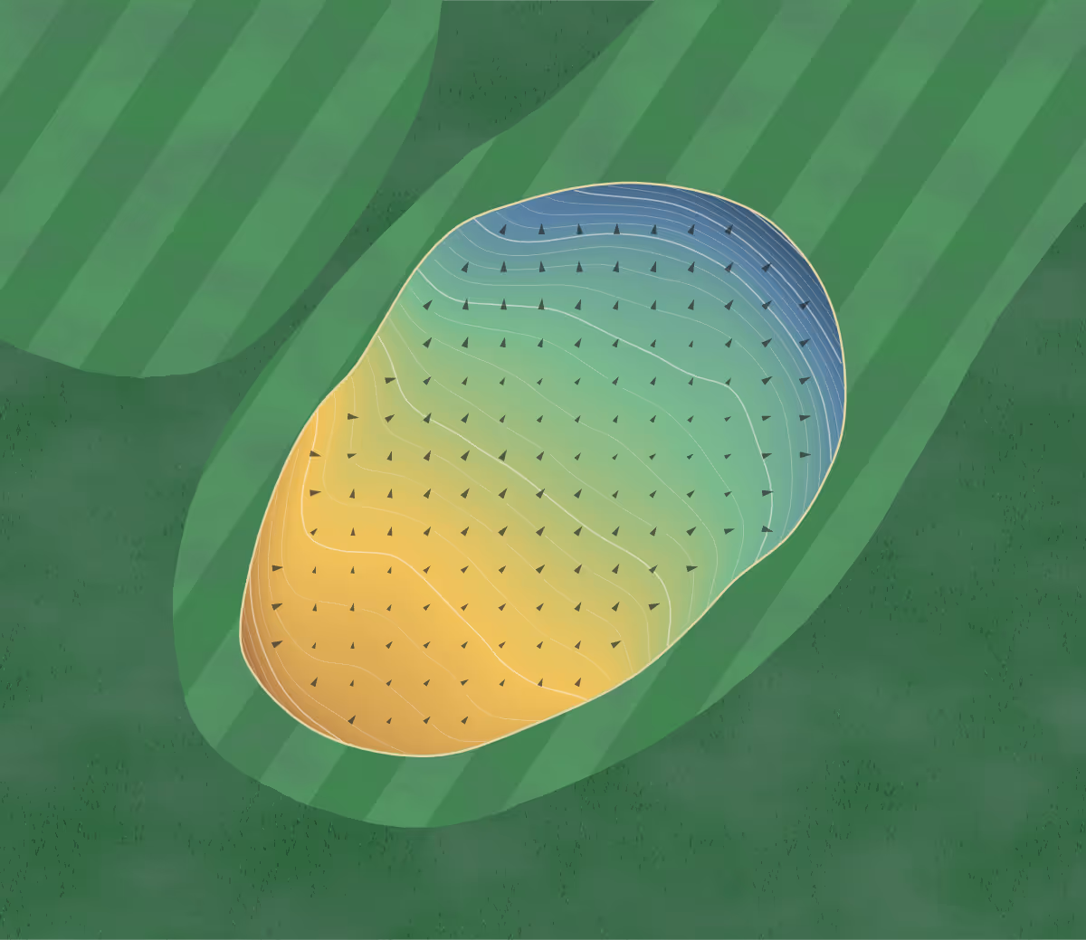 Green contour map of Irv Warren in Waterloo, Iowa — 304 elevation contours at a 3-inch interval with fall-line arrows, traced from 1-meter lidar