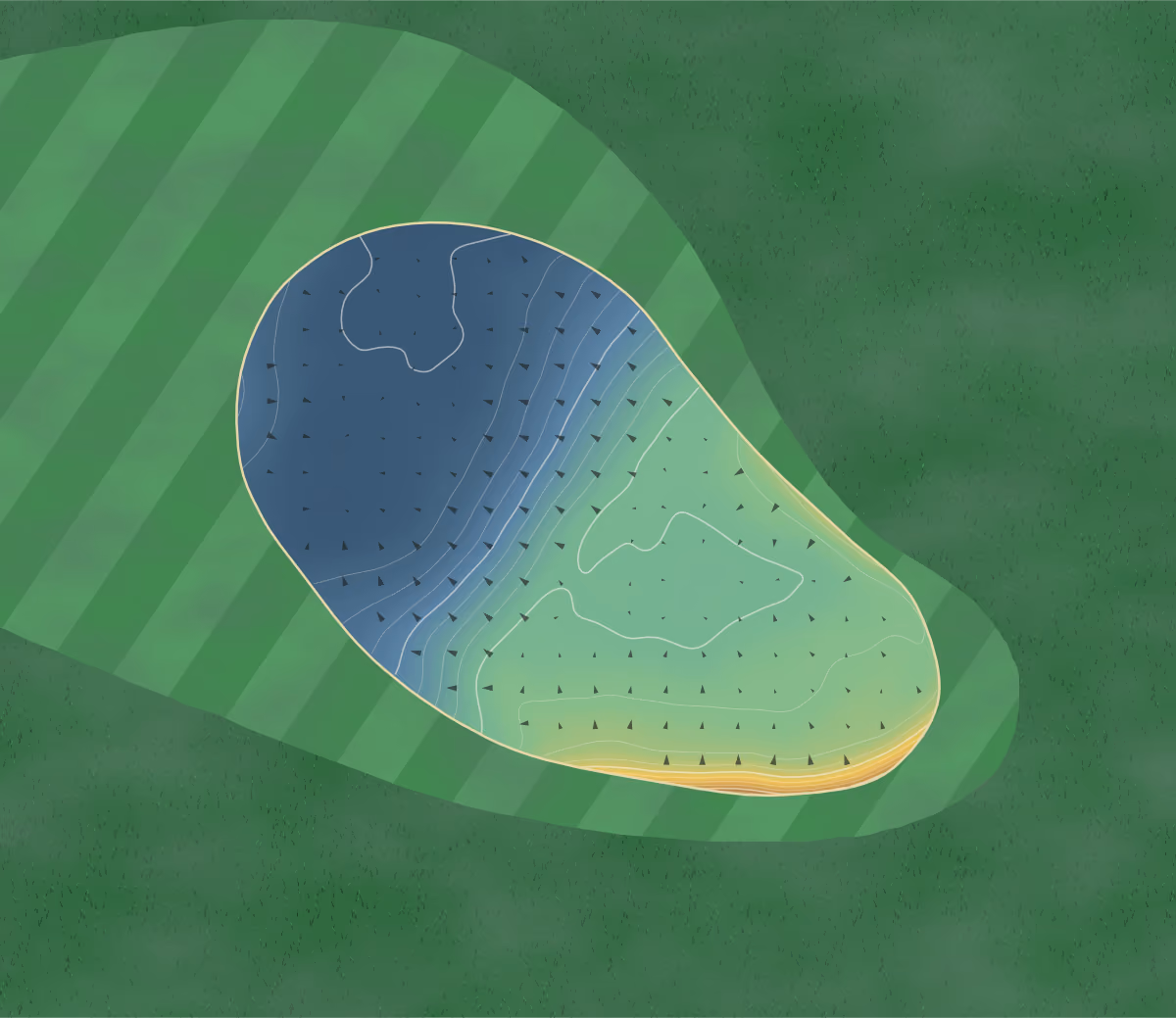 Green contour map of Irvine Ravenspark in Irvine, Scotland: 131 elevation contours at a 8-centimeter interval with fall-line arrows, traced from 1-meter lidar