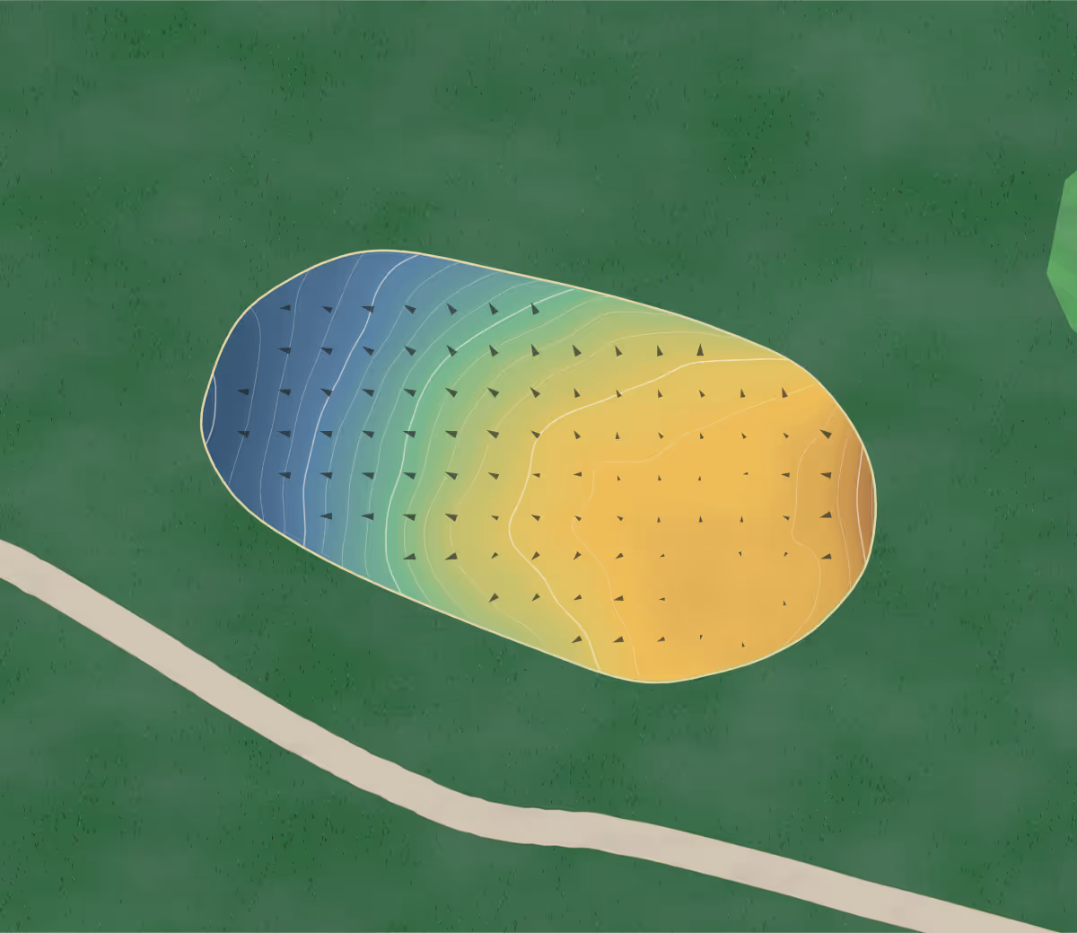 Green contour map of Ischua Valley Country Club in Ischua Valley Country Club, New York — 64 elevation contours at a 3-inch interval with fall-line arrows, traced from 1-meter lidar