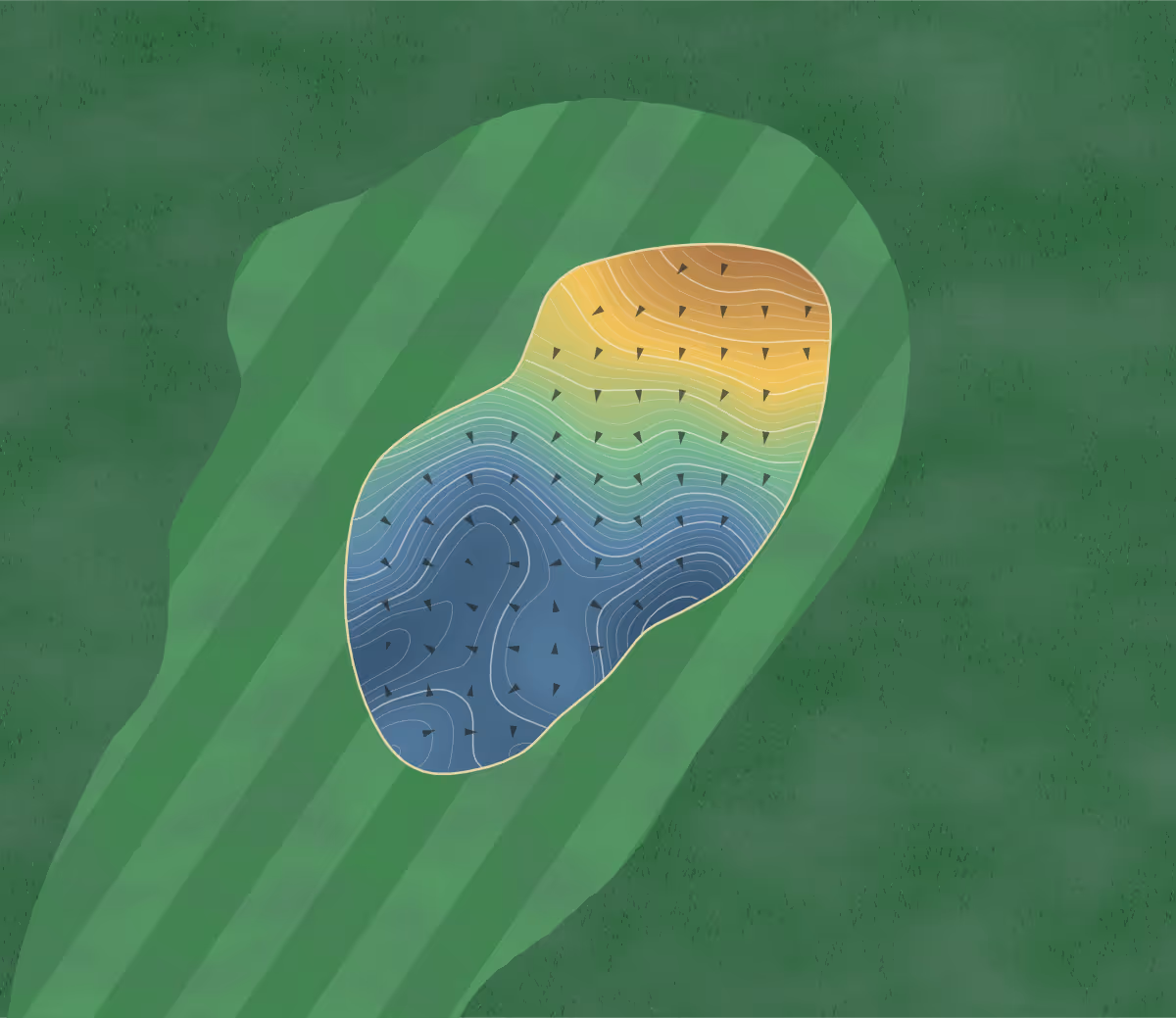 Green contour map of The Island in Donabate, Ireland: 266 elevation contours at a 8-centimeter interval with fall-line arrows, traced from 1-meter lidar