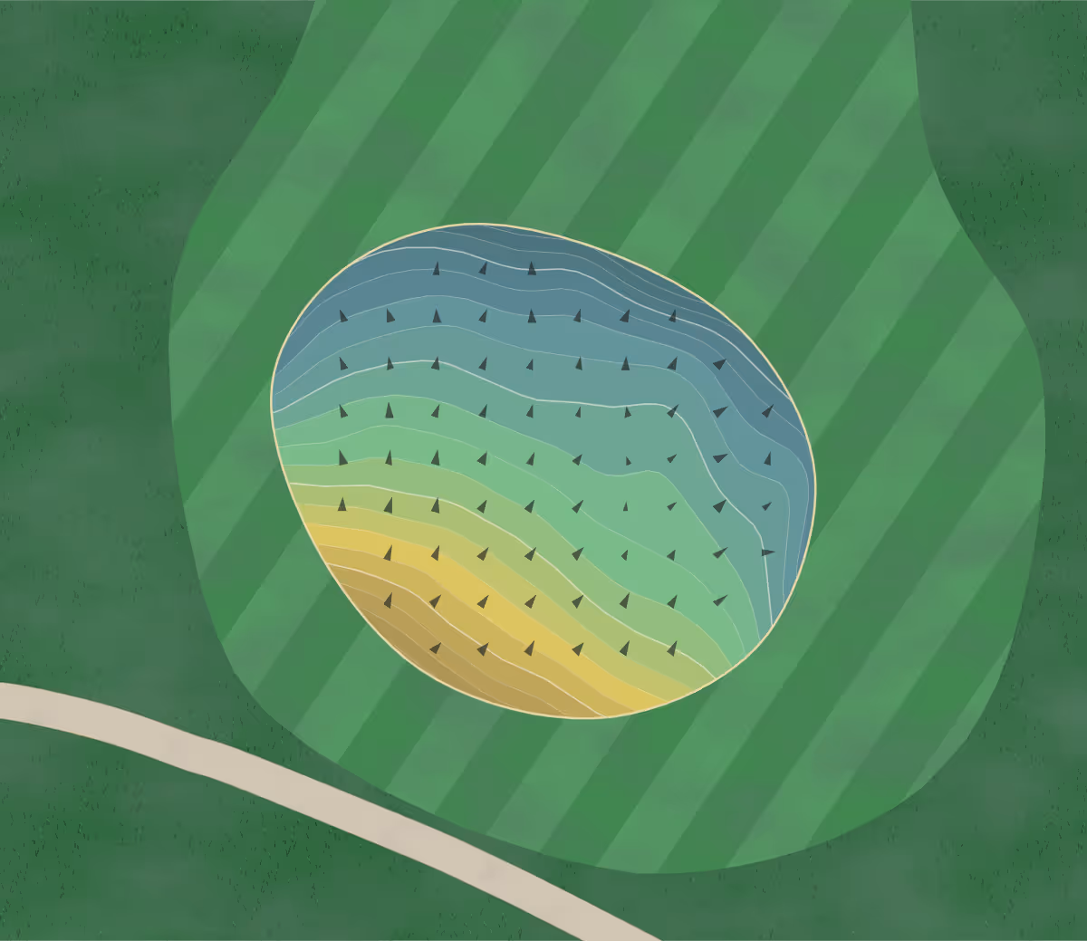 Green contour map of Island Green in Greenville, New York — 195 elevation contours at a 3-inch interval with fall-line arrows, traced from 1-meter lidar