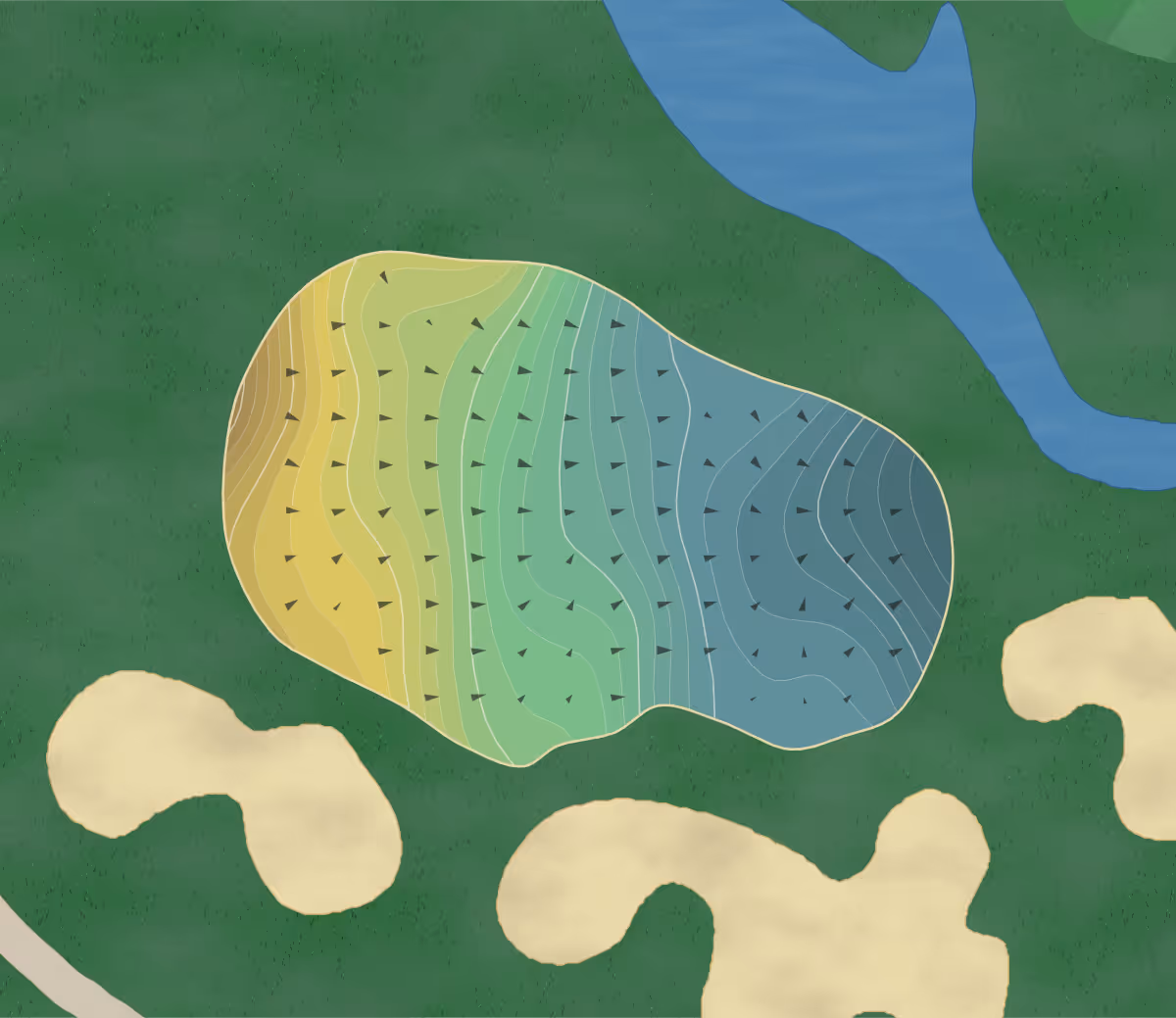 Green contour map of Island Hills in Centreville, Michigan — 241 elevation contours at a 3-inch interval with fall-line arrows, traced from 1-meter lidar