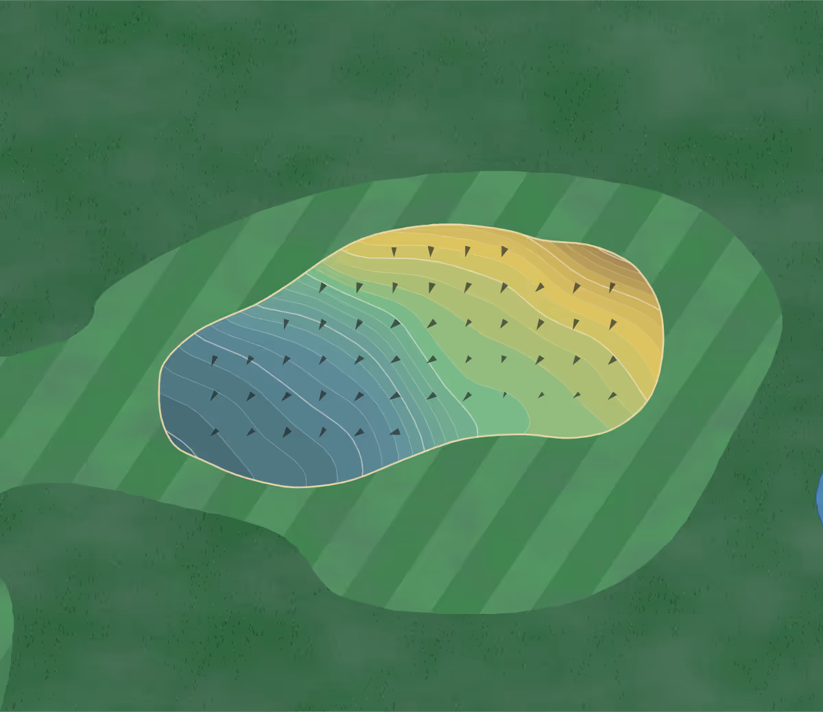Green contour map of Island Pointe in Kodak, Tennessee — 90 elevation contours at a 3-inch interval with fall-line arrows, traced from 1-meter lidar
