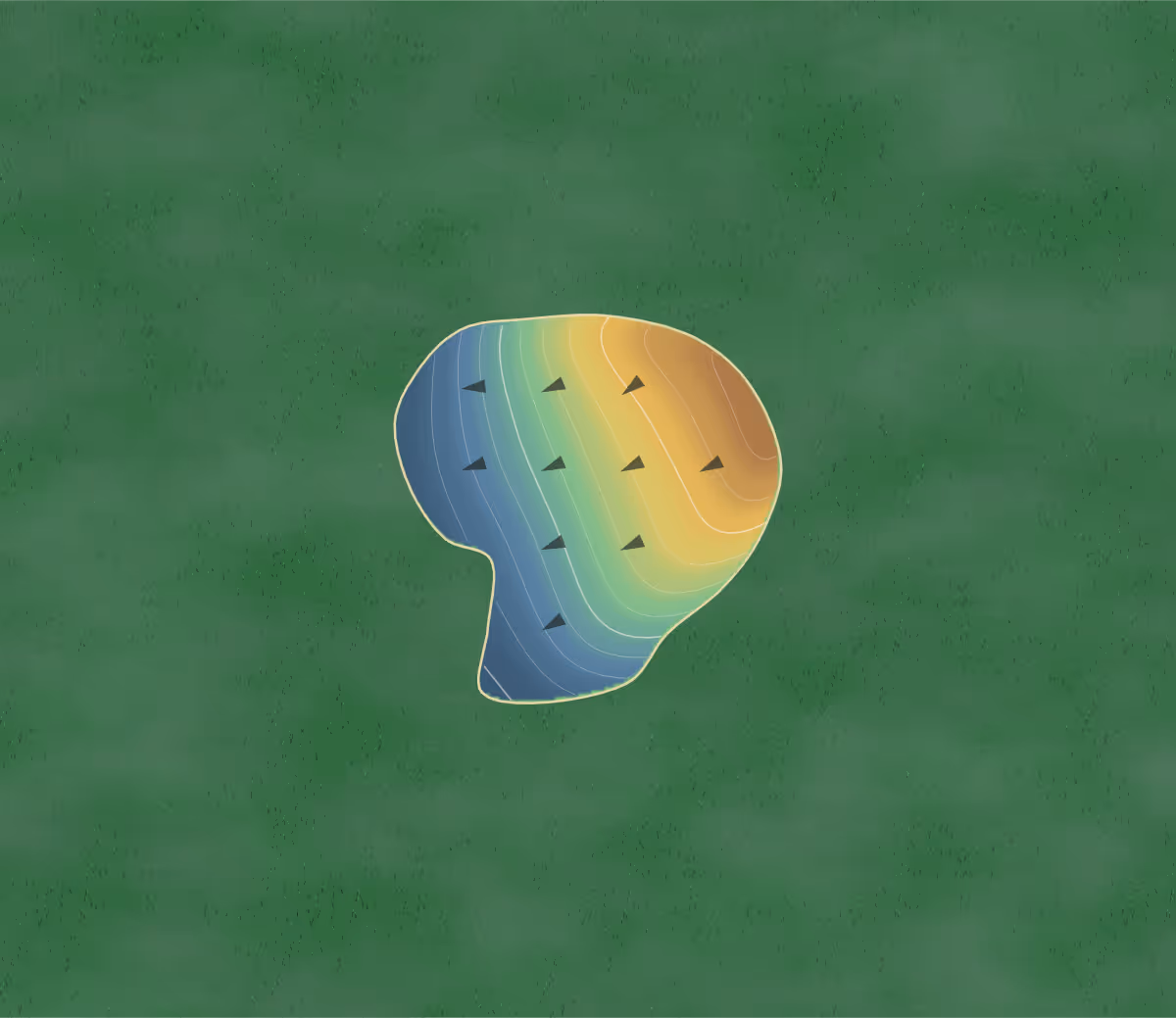 Green contour map of Ivanhoe in Ivanhoe, Australia — 26 elevation contours at a 8-centimeter interval with fall-line arrows, traced from 1-meter lidar