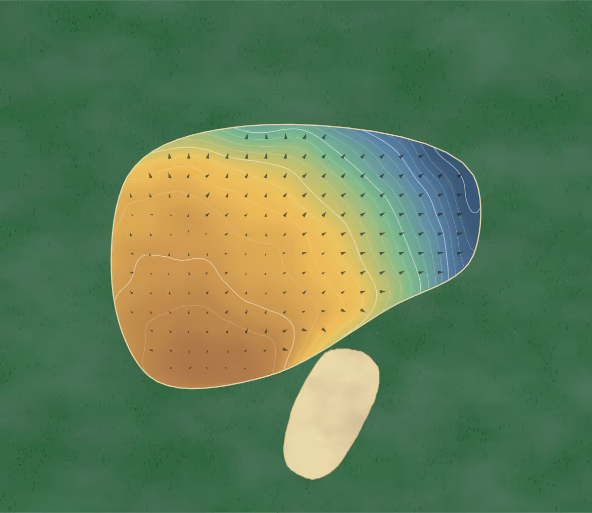 Green contour map of Iver Golf Club in Iver, England: 100 elevation contours at a 8-centimeter interval with fall-line arrows, traced from 1-meter lidar